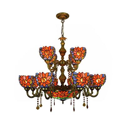 Country Bowl Hanging Light Stained Glass 15 Heads Chandelier in Orange Blue for Living Room