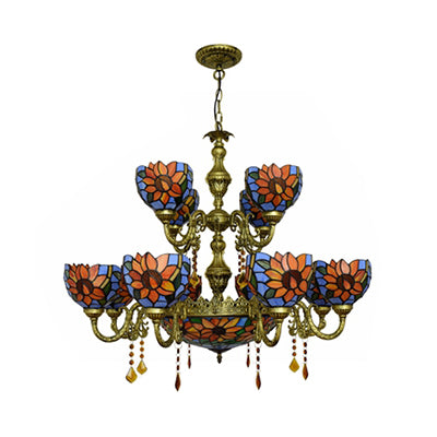 Country Bowl Hanging Light Stained Glass 15 Heads Chandelier in Orange Blue for Living Room