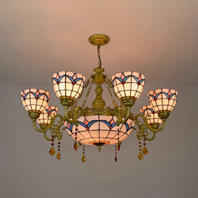 9 Lights Bowl Suspension Light Rustic Stained Glass Tulip Chandelier Light with Crystal in White for Bedroom