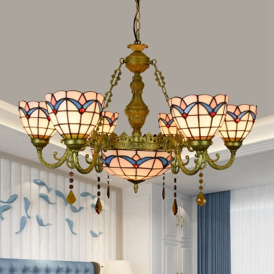 Country Bowl Hanging Pendant Stained Glass 7 Heads Tulip Chandelier in Brass Finish for Living Room