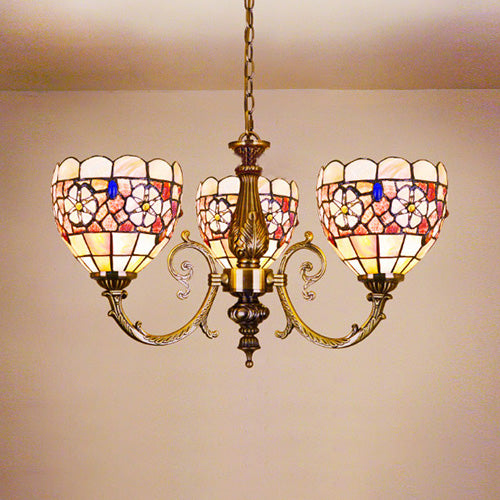 Bowl Chandelier Retro Style Stained Glass 3 Heads Flower Chandelier Light with Chain for Bedroom Lighting