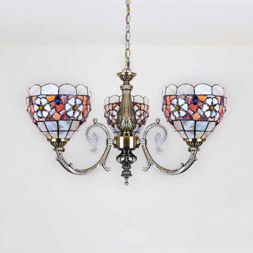 Bowl Chandelier Retro Style Stained Glass 3 Heads Flower Chandelier Light with Chain for Bedroom Lighting