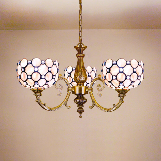 Tiffany Style Bowl Suspension Stained Glass 3 Lights Inverted Chandelier in White for Living Room