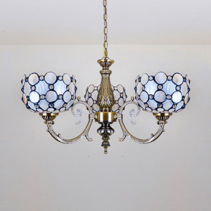 Tiffany Style Bowl Suspension Stained Glass 3 Lights Inverted Chandelier in White for Living Room