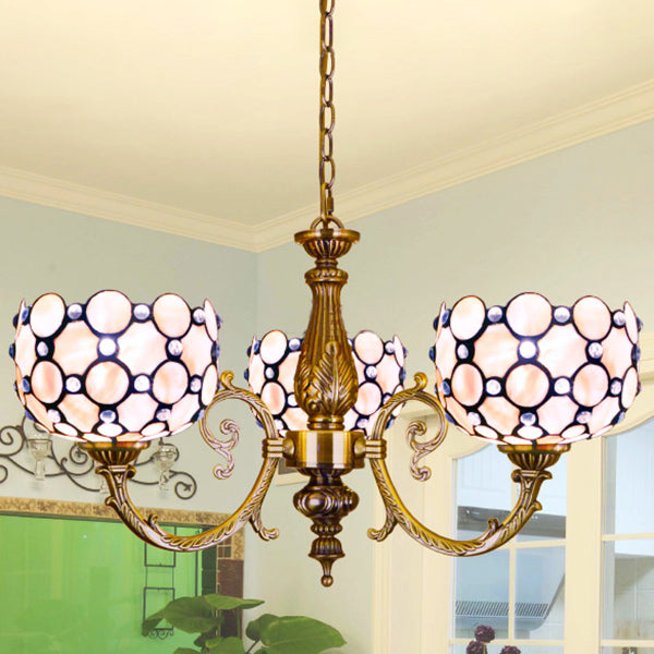 Tiffany Style Bowl Suspension Stained Glass 3 Lights Inverted Chandelier in White for Living Room