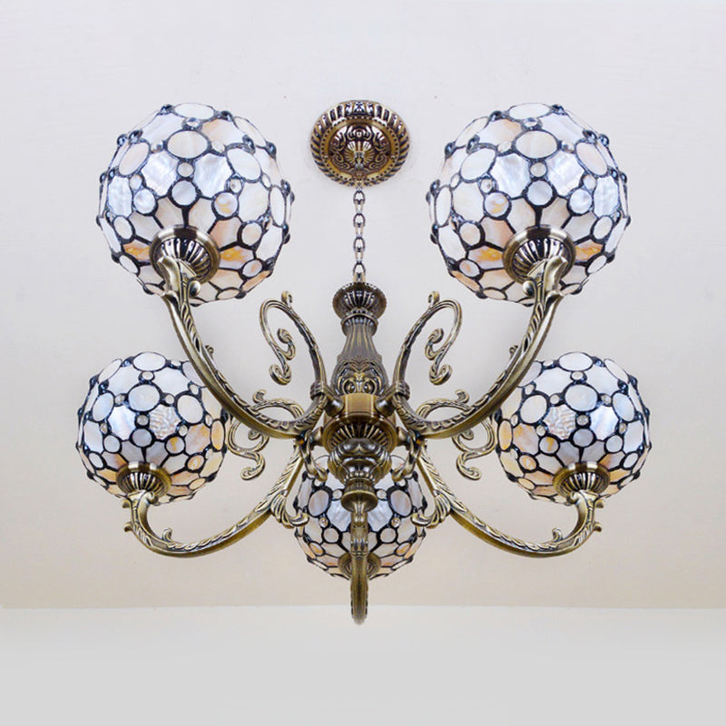 Lodge Bowl-Shaped Hanging Pendant Stained Glass 5 Lights Chandelier with Chain in White