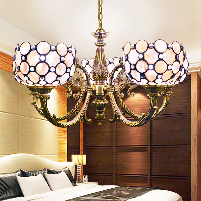 Lodge Bowl-Shaped Hanging Pendant Stained Glass 5 Lights Chandelier with Chain in White