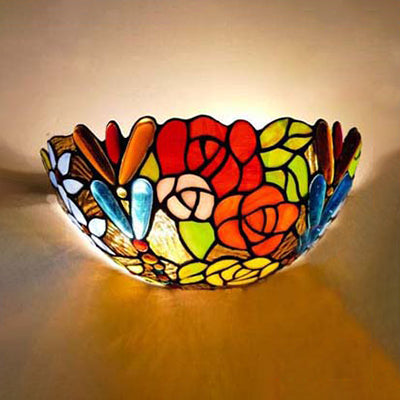 Stained Glass Floral Wall Lighting Rustic Tiffany 2 Lights Art Deco Wall Mount Light for Bedroom