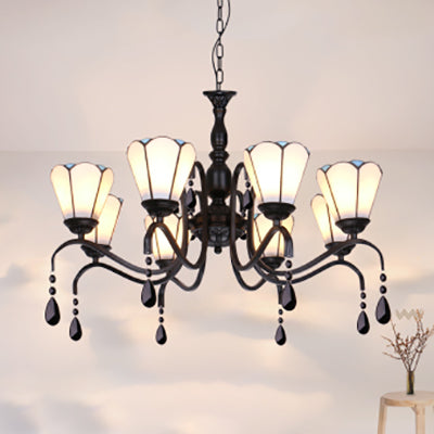 Scalloped Edged Ceiling Light Vintage Stained Glass 8 Lights Ceiling Fixture with Crystal in White for Bedroom Lighting