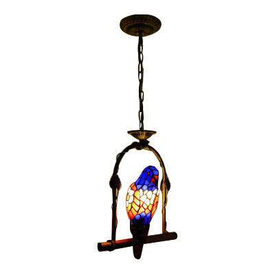 Azul 1 Light Suspended Light Tiffany Glass Glass Parrot Costil de techo con columpio de perca