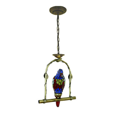 Azul 1 Light Suspended Light Tiffany Glass Glass Parrot Costil de techo con columpio de perca