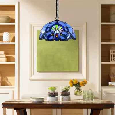 Hanging Lamps for Living Room, Adjustable 2 Lights Dome Shade Hanging Lamp with Art Glass Shade Victorian Style, 16" W