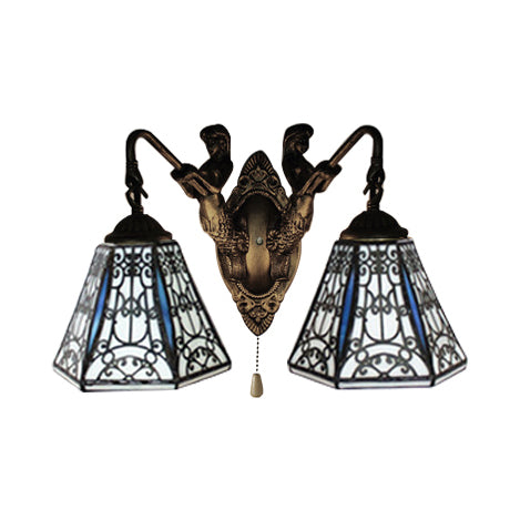 Flared Sconce Light Baroque Black-White Glass 2 Heads Antique Brass Wall Mount Light with Pull Chain