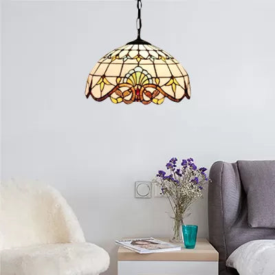 Hanging Lamps for Living Room, Adjustable 2 Lights Dome Shade Hanging Lamp with Art Glass Shade Victorian Style, 16" W