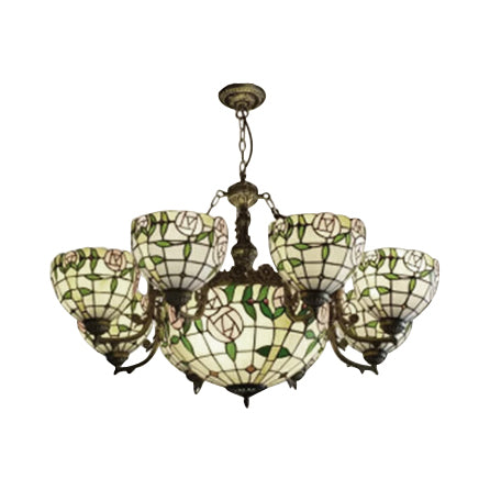 Industrial Vintage Hanging Pendant Stained Glass 8 Arms Rose Chandelier with Center Bowl for Dining Room
