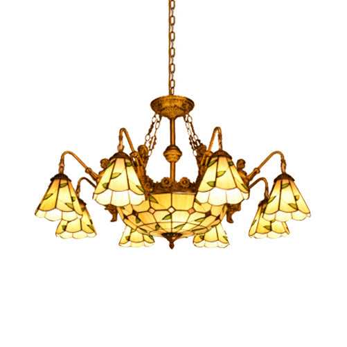 Stained Glass Cone Hanging Chandelier Tiffany 11 Lights Yellow Pendant Light