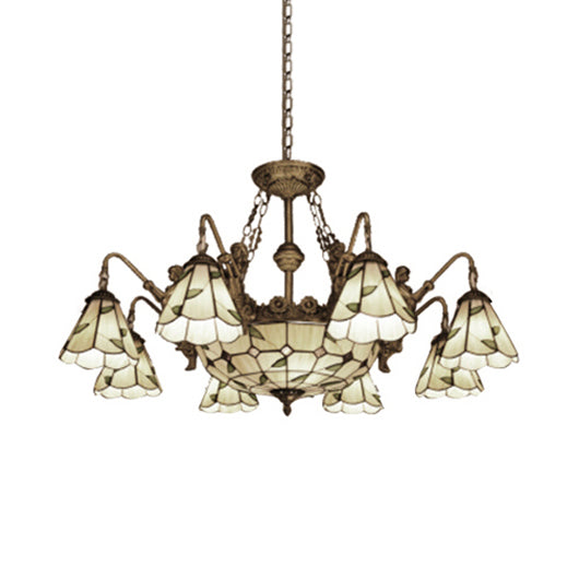 Stained Glass Cone Hanging Chandelier Tiffany 11 Lights Yellow Pendant Light