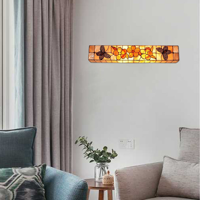 2 Lights Linear Wall Mount Light Rustic Shell Wall Lighting with Flower and Butterfly