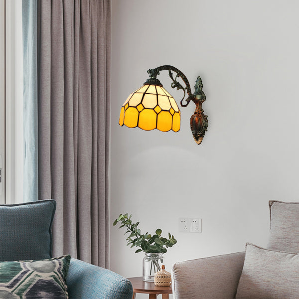1 Light Mini Wall Mount Light with Curved Arm Yellow Glass Shade Bedroom Wall Lighting