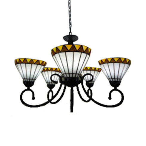 Country Cone Shade Chandelier Stained Glass 5 Lights Chandelier light in White for Living Room