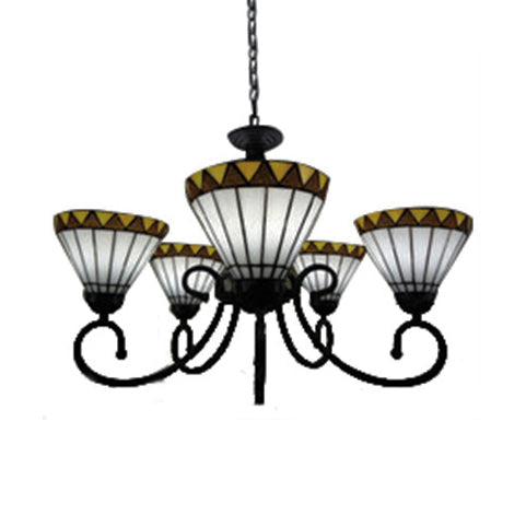 Country Cone Shade Chandelier Stained Glass 5 Lights Chandelier light in White for Living Room