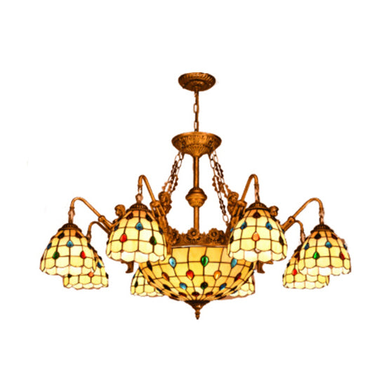 Beige Domed Chandelier Lamp Tiffany 15 Lights Stained Glass Hanging Light