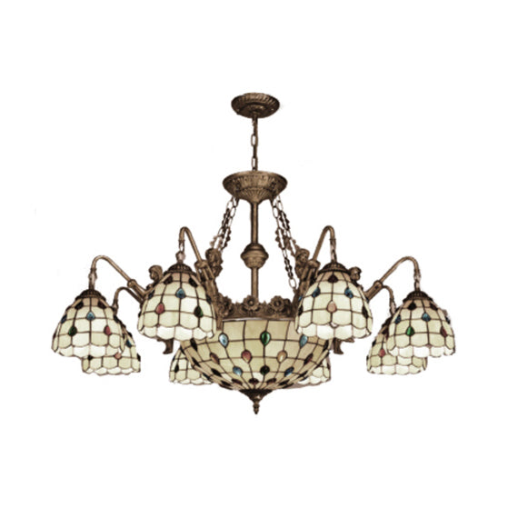 Beige Domed Chandelier Lamp Tiffany 15 Lights Stained Glass Hanging Light