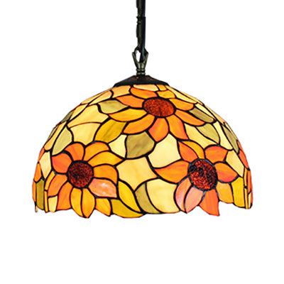 12"/16" Wide Domed Hanging Lamp Tiffany-Style 1 Bulb Black Hand Cut Glass Pendant Ceiling Light with Sunflower Pattern, A/B/C/D