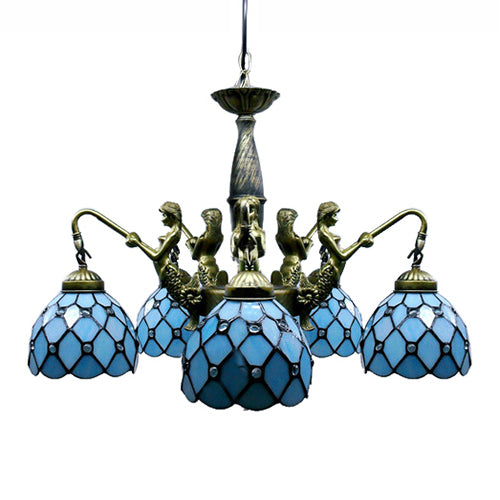5 lumières Dome Chandelier suspendu Tiffany Blue Cut Glass Pendant Lightture avec sirène déco