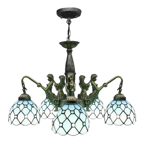 5 lumières Dome Chandelier suspendu Tiffany Blue Cut Glass Pendant Lightture avec sirène déco