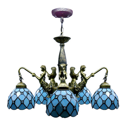 5 lumières Dome Chandelier suspendu Tiffany Blue Cut Glass Pendant Lightture avec sirène déco