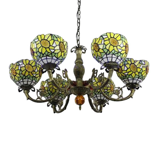 6 Lights Sunflower Hanging Light Tiffany Style Stained Glass Chandelier Lighting for Bedroom