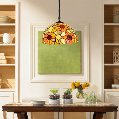 12"/16" Wide Domed Hanging Lamp Tiffany-Style 1 Bulb Black Hand Cut Glass Pendant Ceiling Light with Sunflower Pattern, A/B/C/D