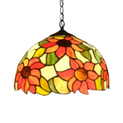 12"/16" Wide Domed Hanging Lamp Tiffany-Style 1 Bulb Black Hand Cut Glass Pendant Ceiling Light with Sunflower Pattern, A/B/C/D
