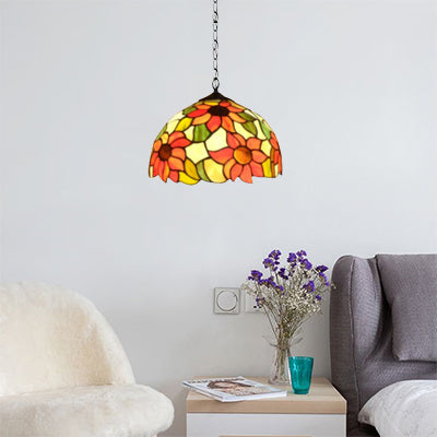 12"/16" Wide Domed Hanging Lamp Tiffany-Style 1 Bulb Black Hand Cut Glass Pendant Ceiling Light with Sunflower Pattern, A/B/C/D