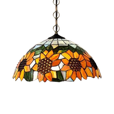 12"/16" Wide Domed Hanging Lamp Tiffany-Style 1 Bulb Black Hand Cut Glass Pendant Ceiling Light with Sunflower Pattern, A/B/C/D