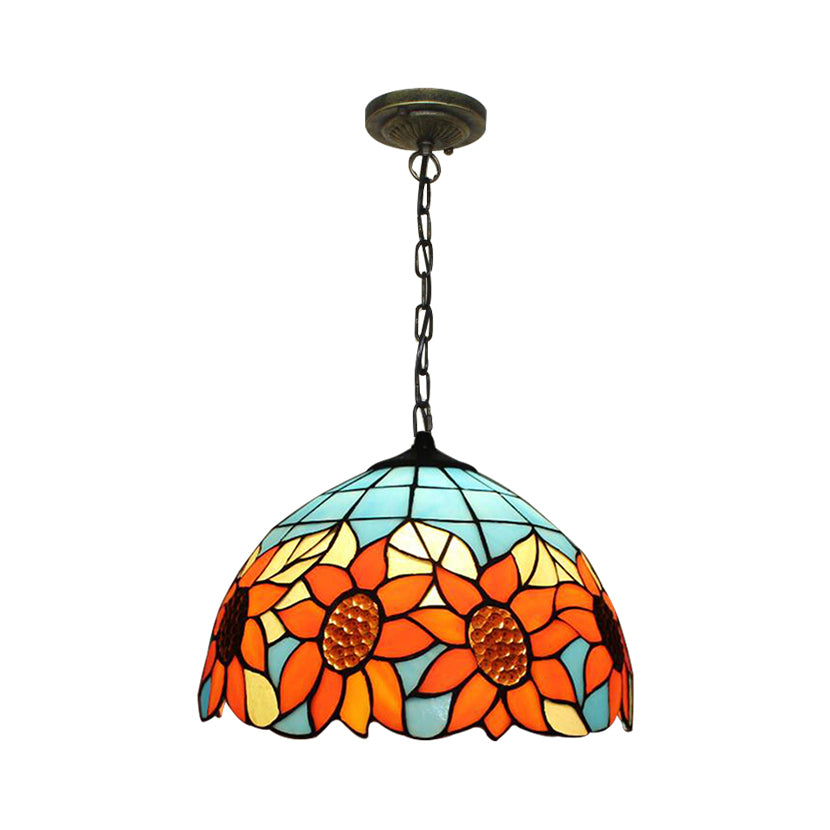 12"/16" Wide Domed Hanging Lamp Tiffany-Style 1 Bulb Black Hand Cut Glass Pendant Ceiling Light with Sunflower Pattern, A/B/C/D