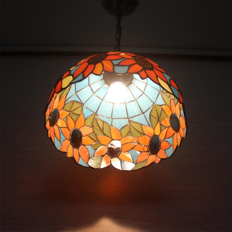 12"/16" Wide Domed Hanging Lamp Tiffany-Style 1 Bulb Black Hand Cut Glass Pendant Ceiling Light with Sunflower Pattern, A/B/C/D