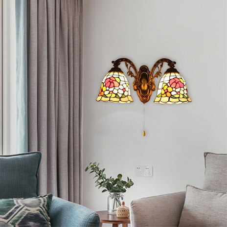 Beige Bell Wall Fixture Light Tiffany Stained Glass 2 Lights Flower Wall Sconce Lamp Fixture with Pull Switch