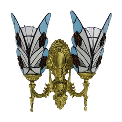 Tiffany Style Butterfly Wall Fixture Light Stained Glass 2 Heads Wall Sconce Lighting in Blue for Bedroom