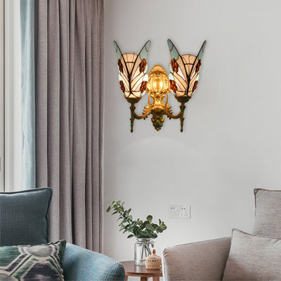 Tiffany Style Butterfly Wall Fixture Light Stained Glass 2 Heads Wall Sconce Lighting in Blue for Bedroom