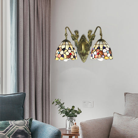 Beige Petal Wall Mount Light Victorian 2 Heads Multicolor Shell Sconce Light with Mermaid Backplate