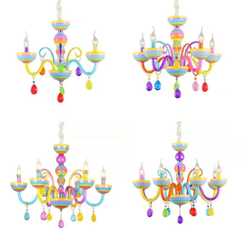 Glass Candle Pendant Light with Crystal Pretty Multi-Colored Chandelier for Kindergarten