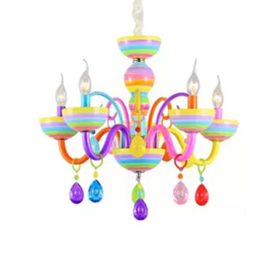 Glass Candle Pendant Light with Crystal Pretty Multi-Colored Chandelier for Kindergarten