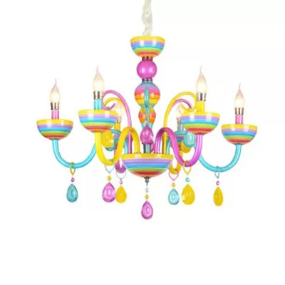 Glass Candle Pendant Light with Crystal Pretty Multi-Colored Chandelier for Kindergarten