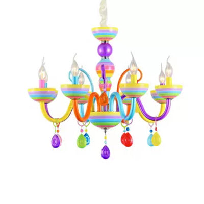 Glass Candle Pendant Light with Crystal Pretty Multi-Colored Chandelier for Kindergarten