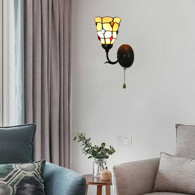 Stained Glass Peacock Wall Light with Colorful Bead Hallway 1 Light Tiffany Sconce Light in Beige