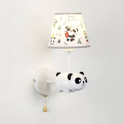 Kindergarten Panda Sconce Light with Fabric Shade Resin 1 Head Animal White Wall Lamp