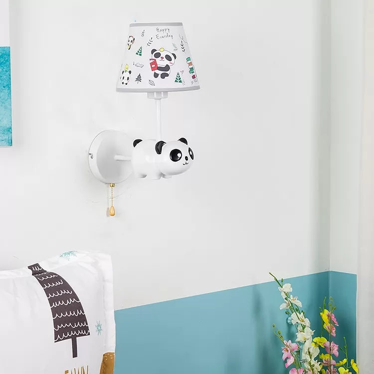 Kindergarten Panda Sconce Light with Fabric Shade Resin 1 Head Animal White Wall Lamp