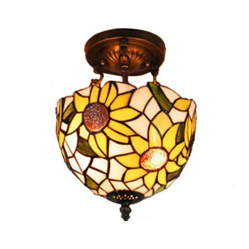 Bedroom Ceiling Light Tiffany, Sunflower Semi Flush Light with Rod and Stained Glass Shade